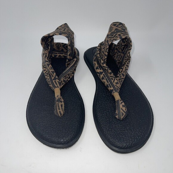 Sanuk Slingback Western Boho Flat Sandals Size 10 Yoga Mat Brown Black Stretch - Picture 2 of 10